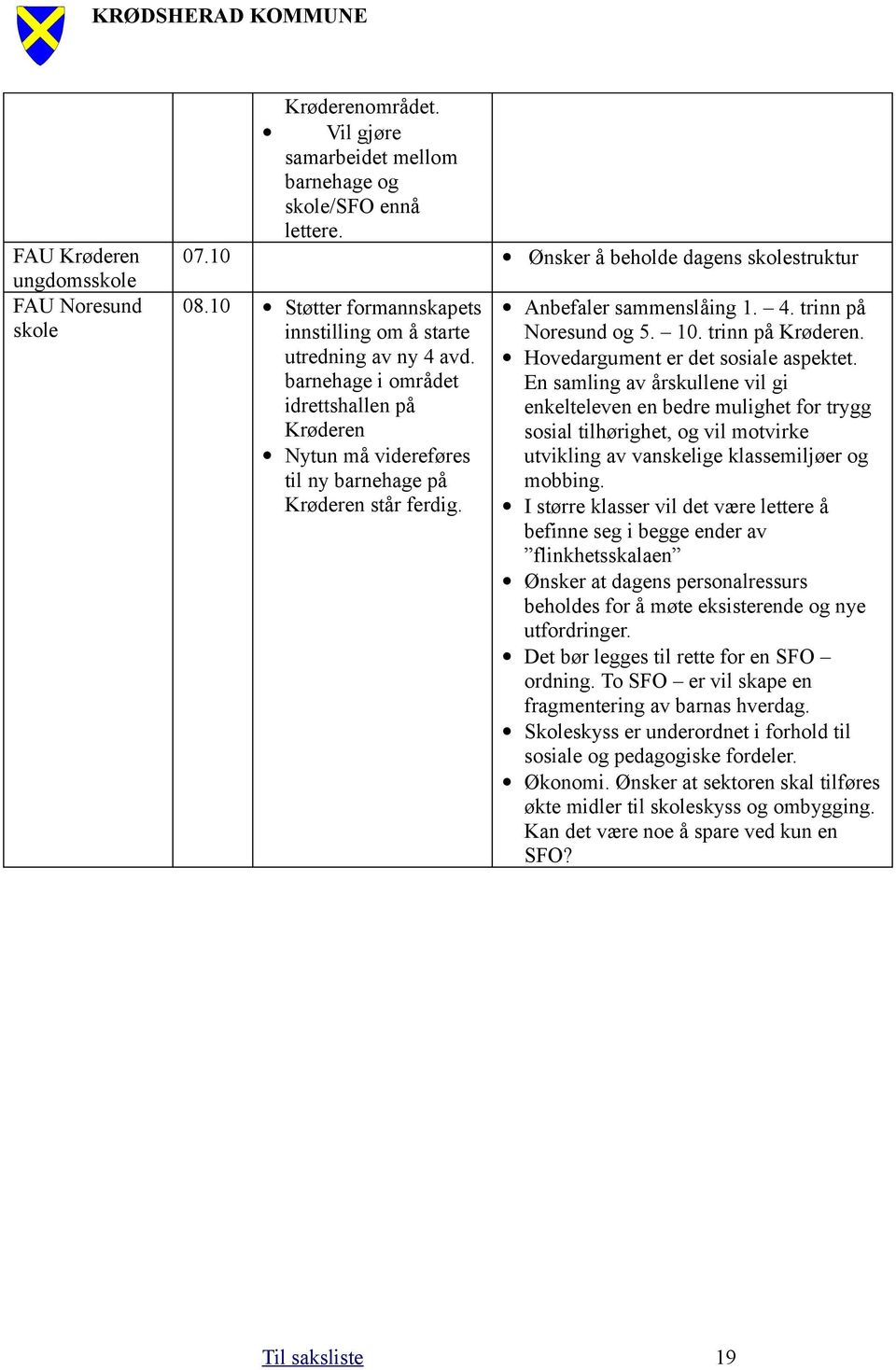 Anbefaler sammenslåing 1. 4. trinn på Noresund og 5. 10. trinn på Krøderen. Hovedargument er det sosiale aspektet.