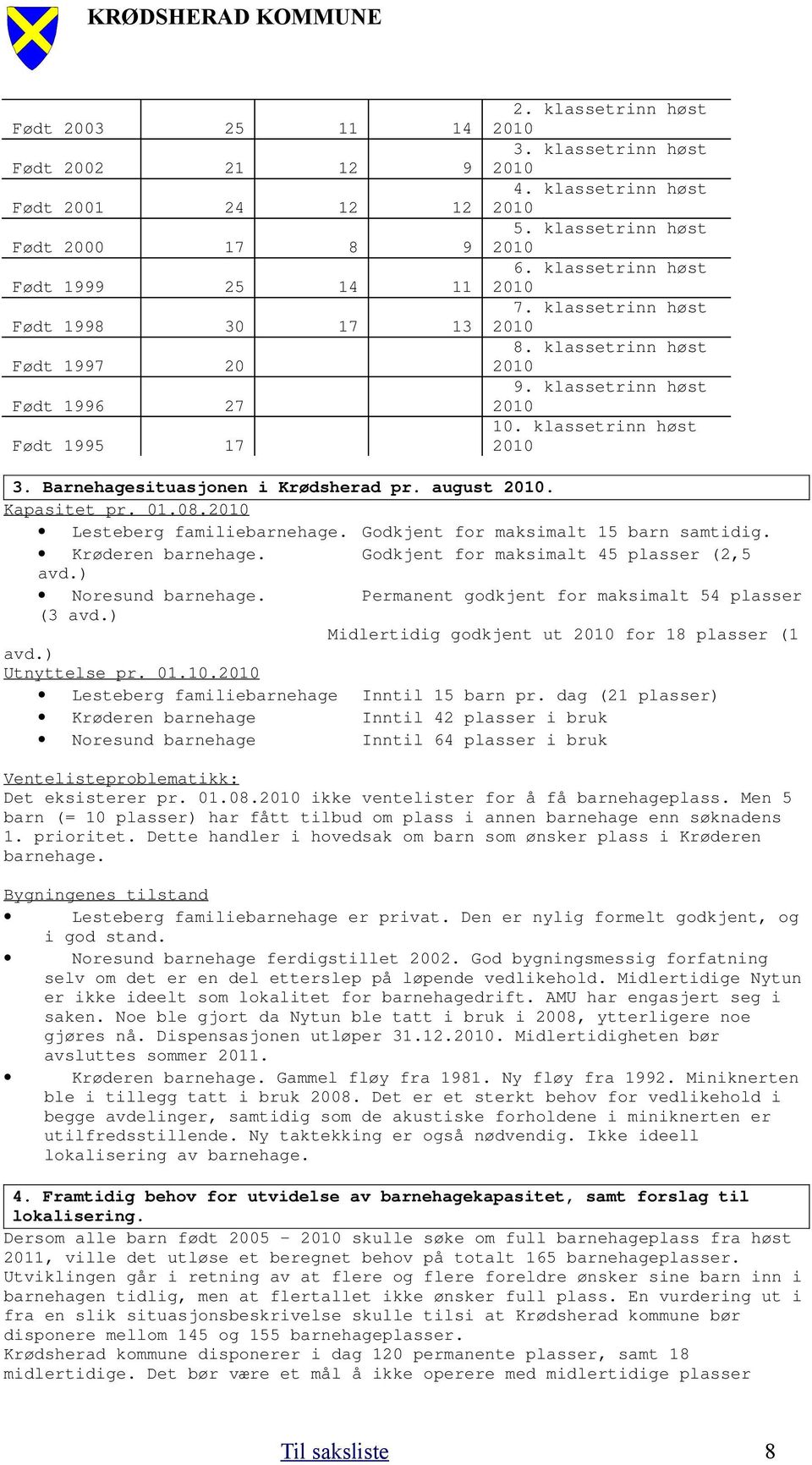 Barnehagesituasjonen i Krødsherad pr. august 2010. Kapasitet pr. 01.08.2010 Lesteberg familiebarnehage. Godkjent for maksimalt 15 barn samtidig. Krøderen barnehage.