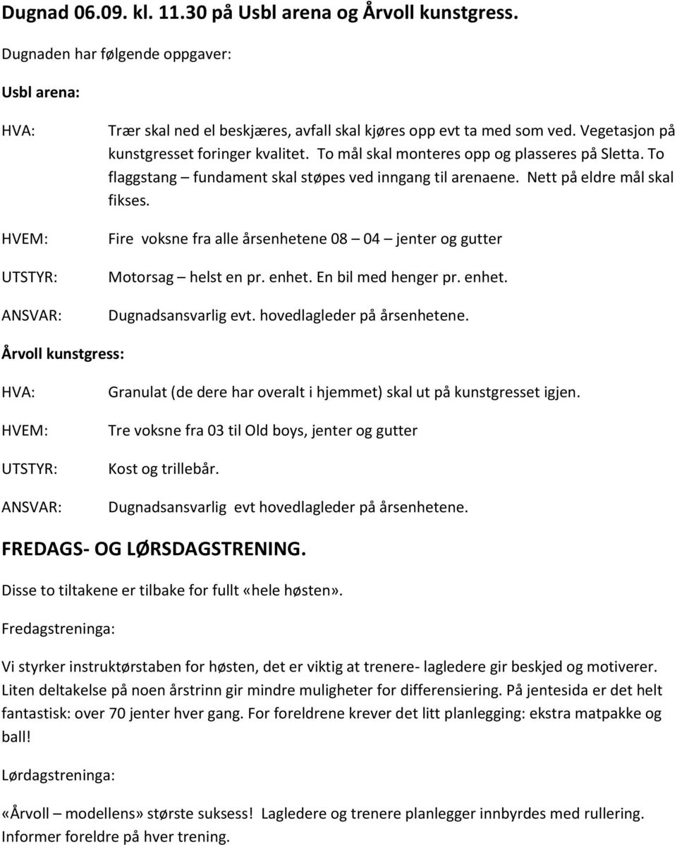 To mål skal monteres opp og plasseres på Sletta. To flaggstang fundament skal støpes ved inngang til arenaene. Nett på eldre mål skal fikses.