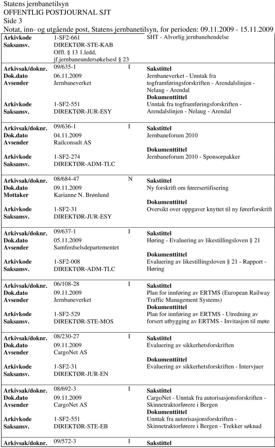 DIREKTØR-JUR-ESY Arendalslinjen - Nelaug - Arendal Arkivsak/doknr. 09/636-1 I Sakstittel Dok.dato 04.11.