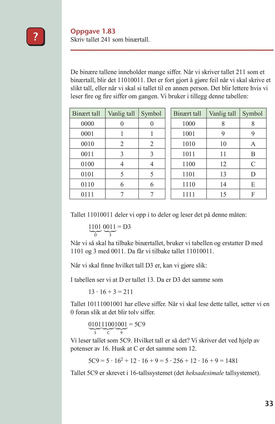 Vi bruker i tillegg denne tabellen: Binært tall Vanlig tall Symbol 0000 0 0 0001 1 1 0010 2 2 0011 3 3 0100 4 4 0101 5 5 0110 6 6 0111 7 7 Binært tall Vanlig tall Symbol 1000 8 8 1001 9 9 1010 10 A
