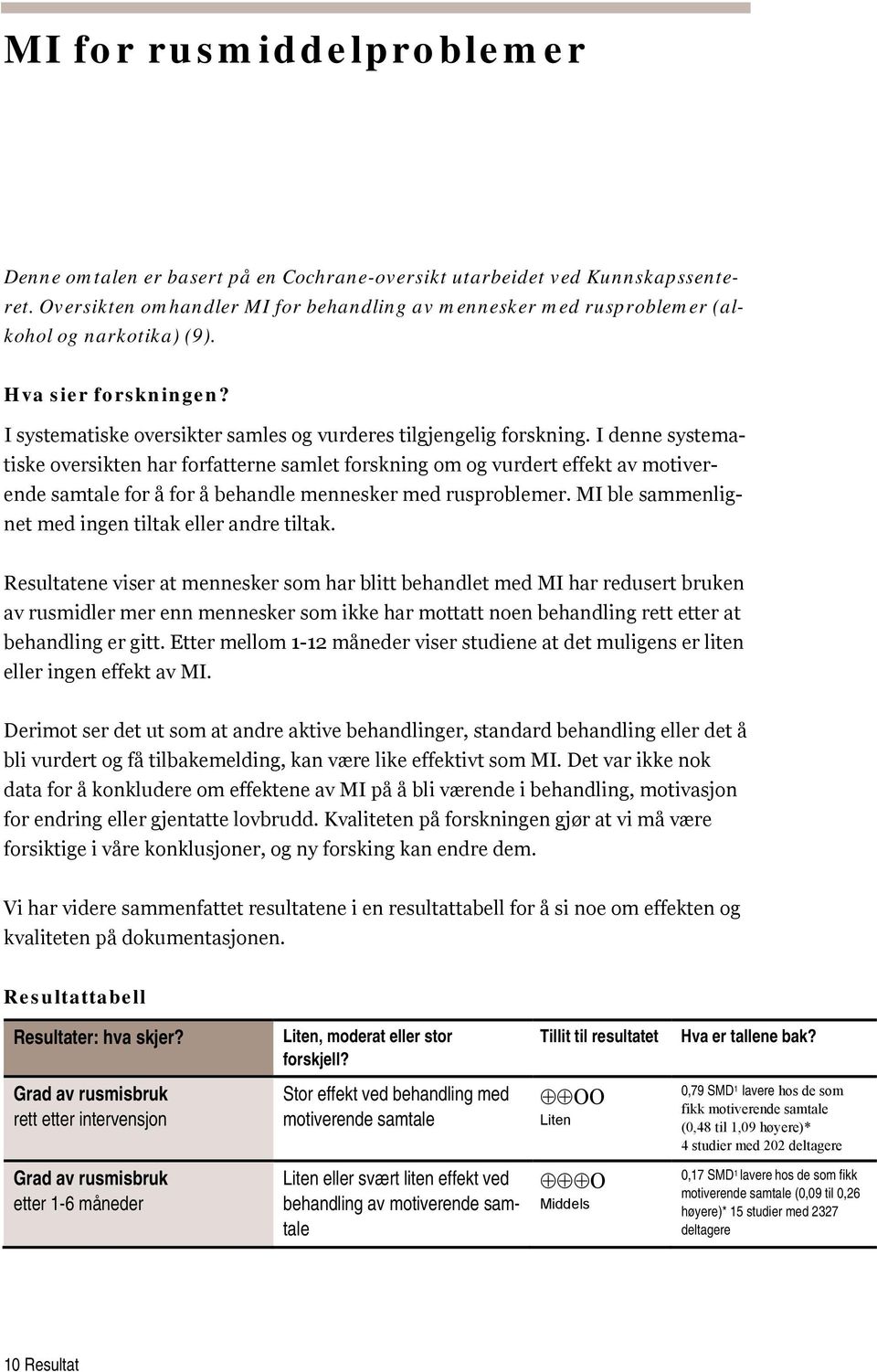 I denne systematiske oversikten har forfatterne samlet forskning om og vurdert effekt av motiverende samtale for å for å behandle mennesker med rusproblemer.