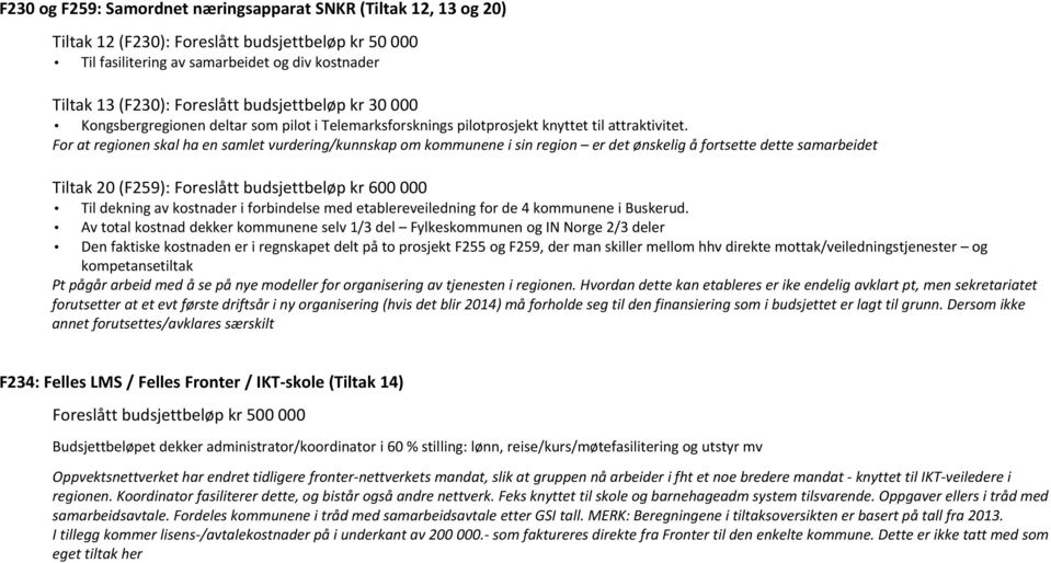 For at regionen skal ha en samlet vurdering/kunnskap om kommunene i sin region er det ønskelig å fortsette dette samarbeidet Tiltak 20 (F259): Foreslått budsjettbeløp kr 600 000 Til dekning av