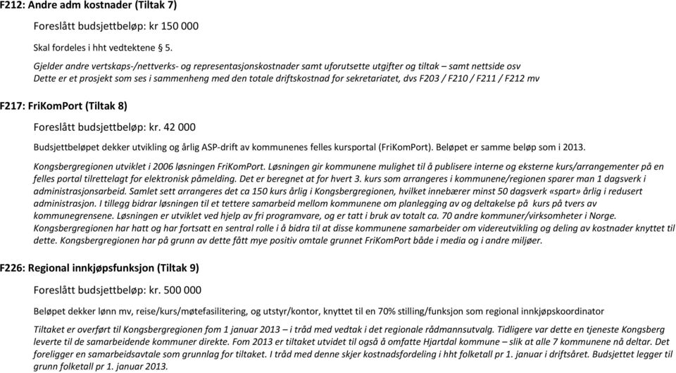 sekretariatet, dvs F203 / F210 / F211 / F212 mv F217: FriKomPort (Tiltak 8) Foreslått budsjettbeløp: kr.