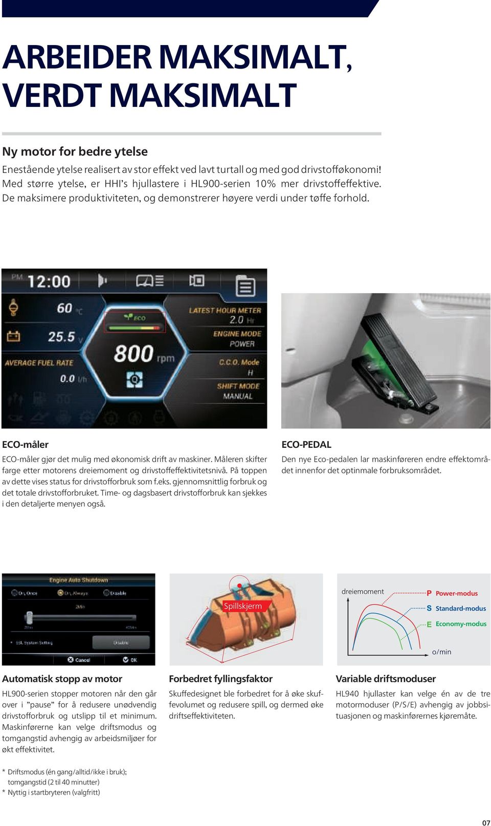 ECO-måler ECO-måler gjør det mulig med økonomisk drift av maskiner. Måleren skifter farge etter motorens dreiemoment og drivstoffeffektivitetsnivå.