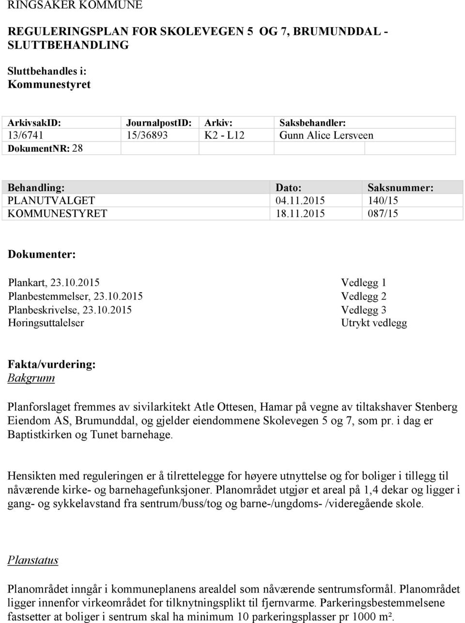 10.2015 Høringsuttalelser Vedlegg 3 Utrykt vedlegg Fakta/vurdering: Bakgrunn Planforslaget fremmes av sivilarkitekt Atle Ottesen, Hamar på vegne av tiltakshaver Stenberg Eiendom AS, Brumunddal, og