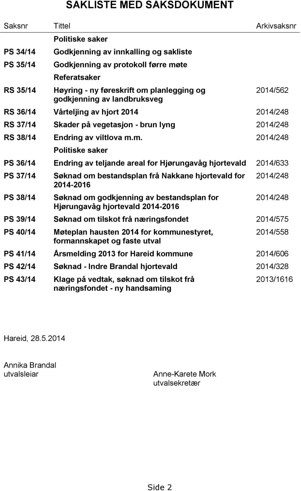 planlegging og godkjenning av landbruksveg 2014/562 RS 36/14 Vårteljing av hjort 2014 2014/248 RS 37/14 Skader på vegetasjon - brun lyng 2014/248 RS 38/14 Endring av viltlova m.