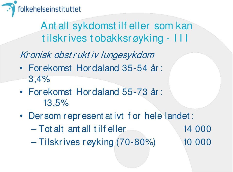 Forekomst Hordaland 55-73 år: 13,5% Dersom representativt for hele