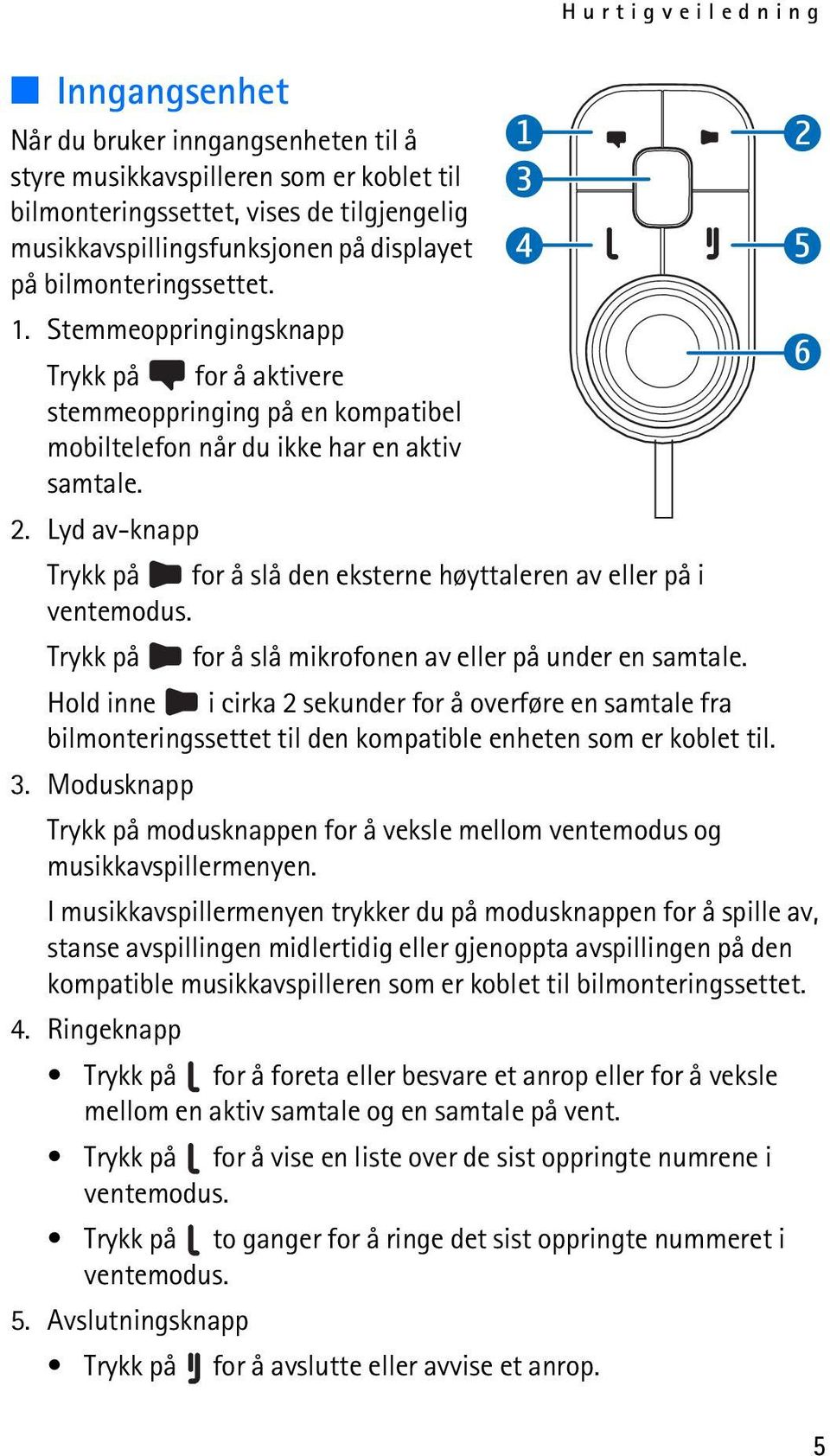 Lyd av-knapp Trykk på for å slå den eksterne høyttaleren av eller på i ventemodus. Trykk på for å slå mikrofonen av eller på under en samtale.