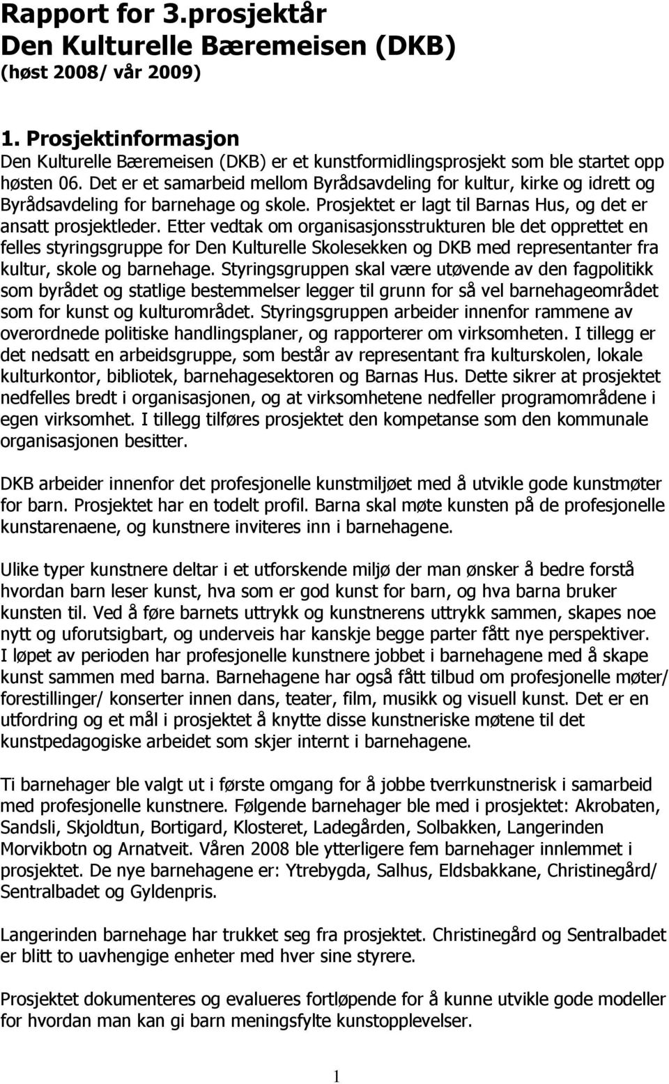 Etter vedtak om organisasjonsstrukturen ble det opprettet en felles styringsgruppe for Den Kulturelle Skolesekken og DKB med representanter fra kultur, skole og barnehage.