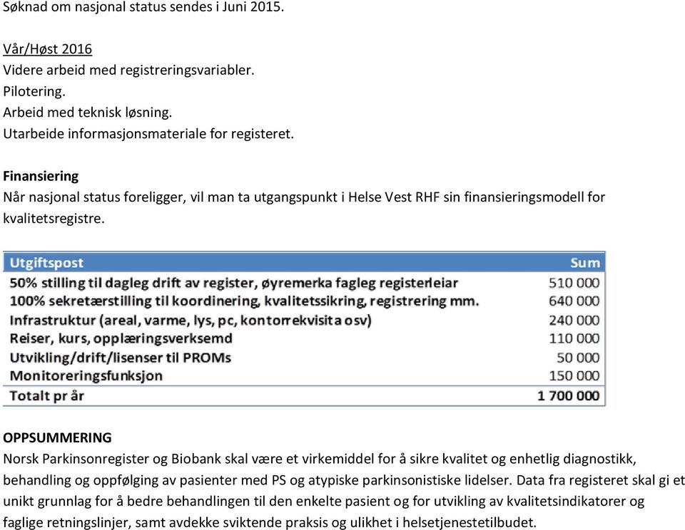 OPPSUMMERING Norsk Parkinsonregister og Biobank skal være et virkemiddel for å sikre kvalitet og enhetlig diagnostikk, behandling og oppfølging av pasienter med PS og atypiske