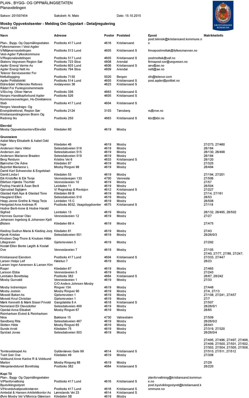 post.teknisk@kristiansand.kommune.n o Fylkesmannen I Vest-Agder V/Miljøvernavdelingen Postboks 513 Lund 4605 Kristiansand S fmvapostmottak@fylkesmannen.