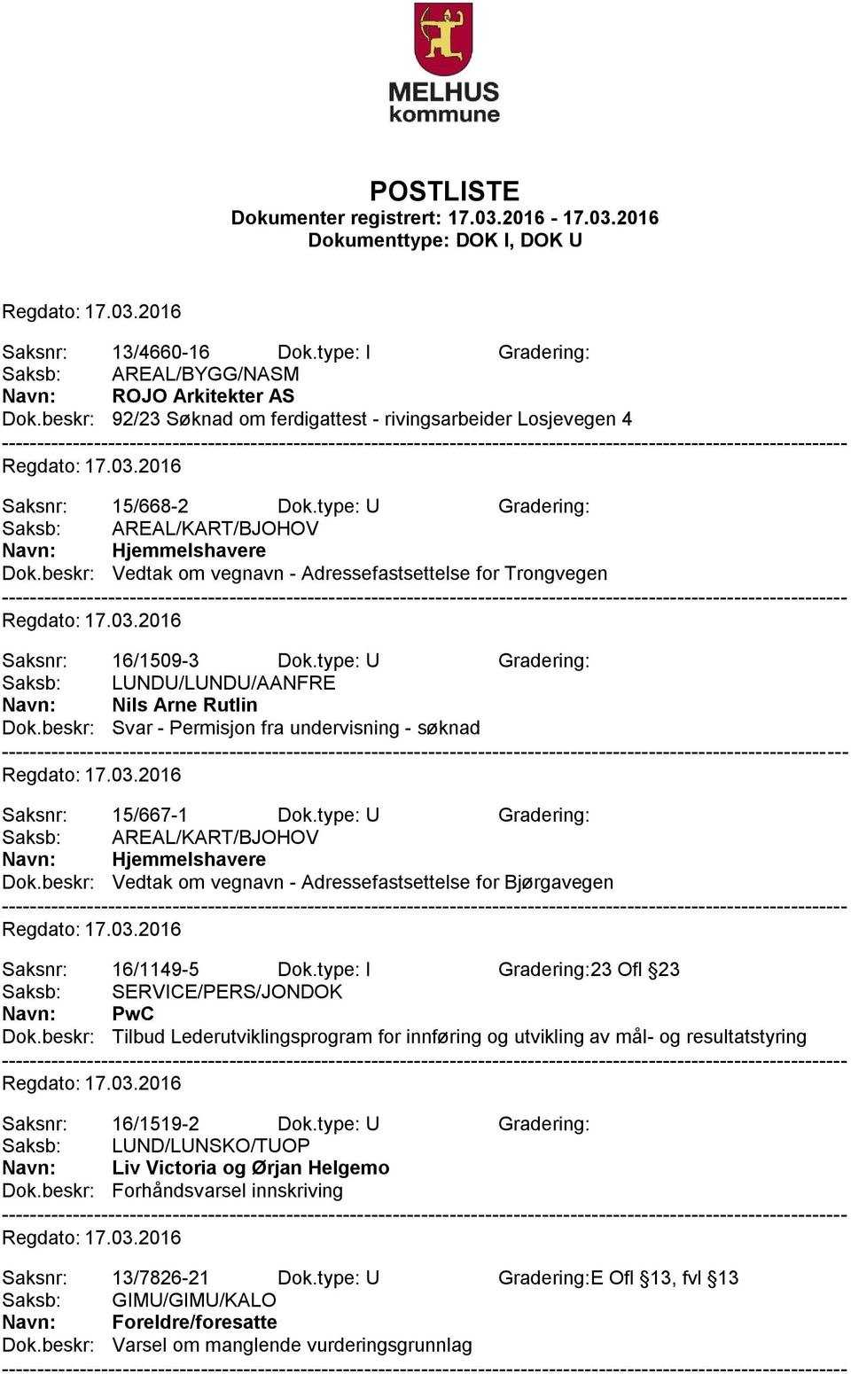 type: U Gradering: Saksb: LUNDU/LUNDU/AANFRE Navn: Nils Arne Rutlin Dok.beskr: Svar - Permisjon fra undervisning - søknad Saksnr: 15/667-1 Dok.type: U Gradering: Saksb: AREAL/KART/BJOHOV Dok.