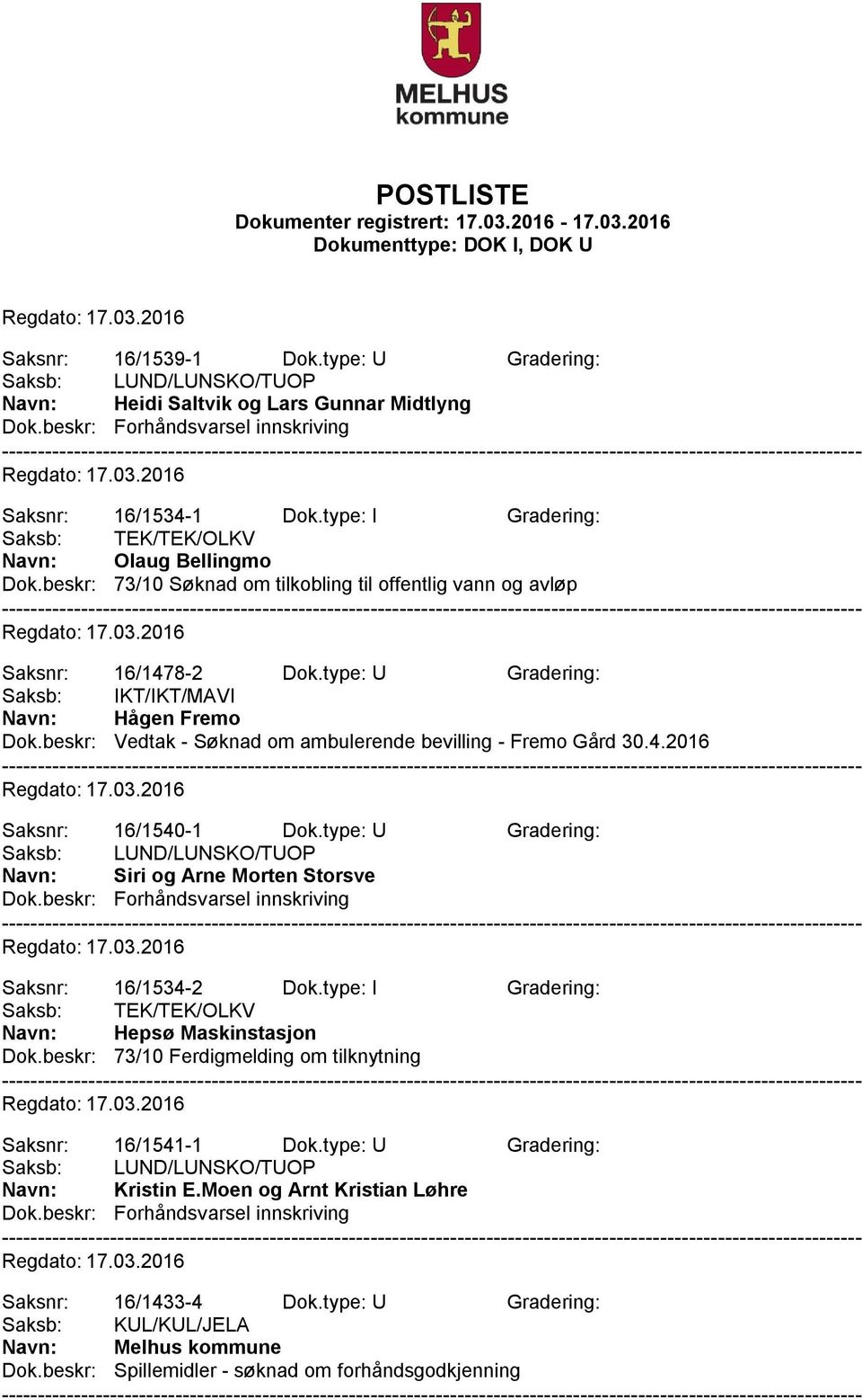 beskr: Vedtak - Søknad om ambulerende bevilling - Fremo Gård 30.4.2016 Saksnr: 16/1540-1 Dok.type: U Gradering: Navn: Siri og Arne Morten Storsve Saksnr: 16/1534-2 Dok.