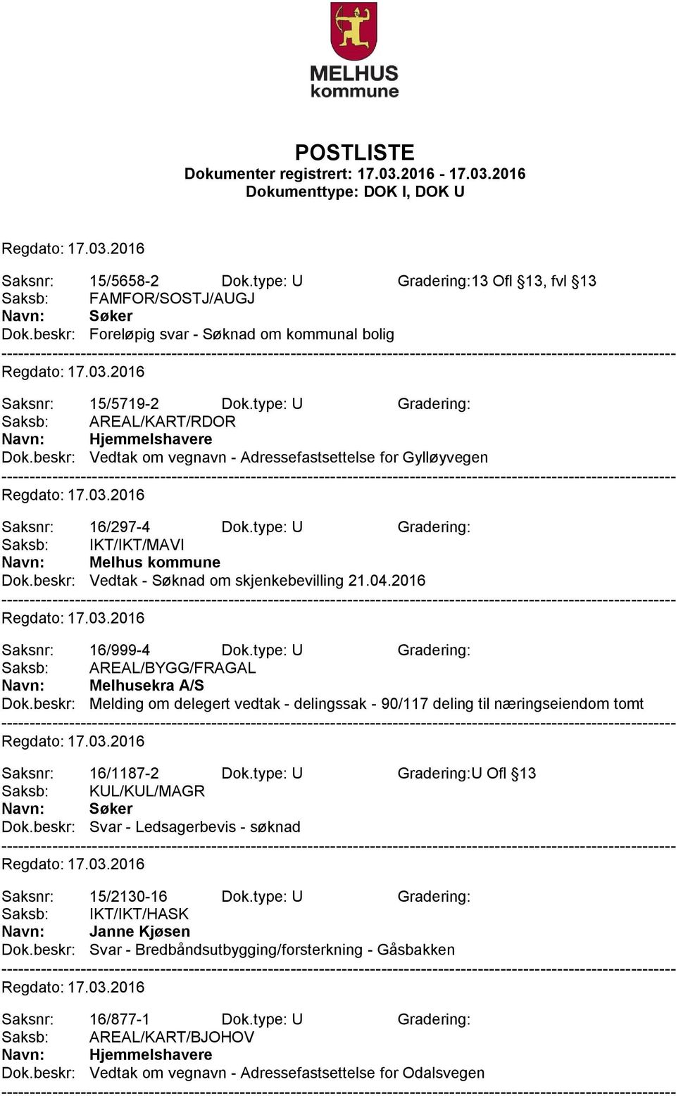 beskr: Vedtak - Søknad om skjenkebevilling 21.04.2016 Saksnr: 16/999-4 Dok.type: U Gradering: Saksb: AREAL/BYGG/FRAGAL Navn: Melhusekra A/S Dok.