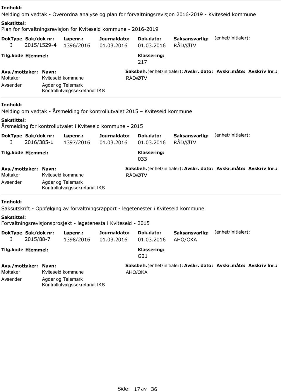 2016/385-1 1397/2016 033 vsender gder og Telemark Kontrollutvalgssekretariat KS Saksutskrift - Oppfølging av forvaltningsrapport - legetenester i