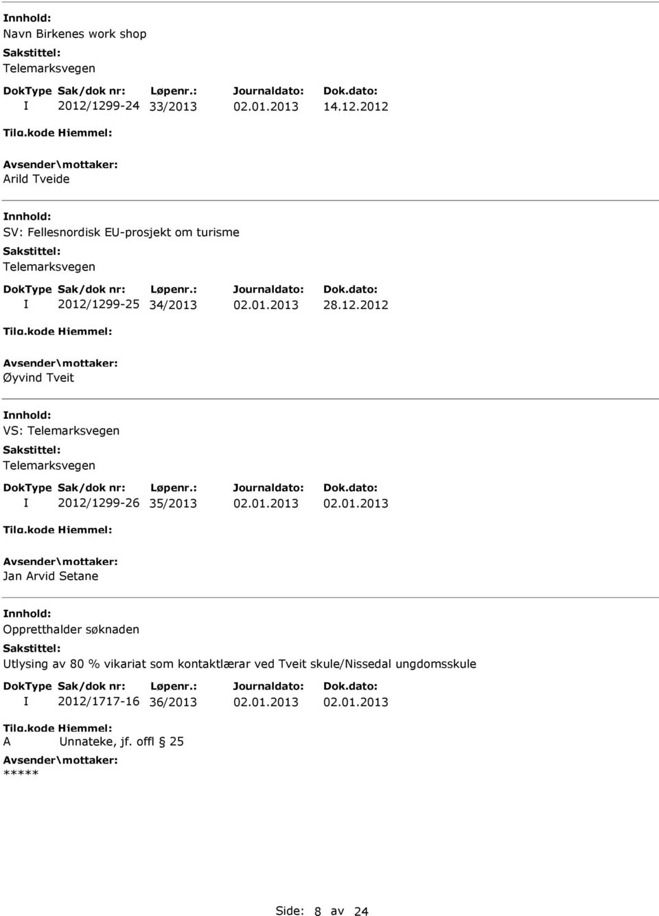 12.2012 Øyvind Tveit VS: 2012/1299-26 35/2013 Jan Arvid Setane Oppretthalder søknaden