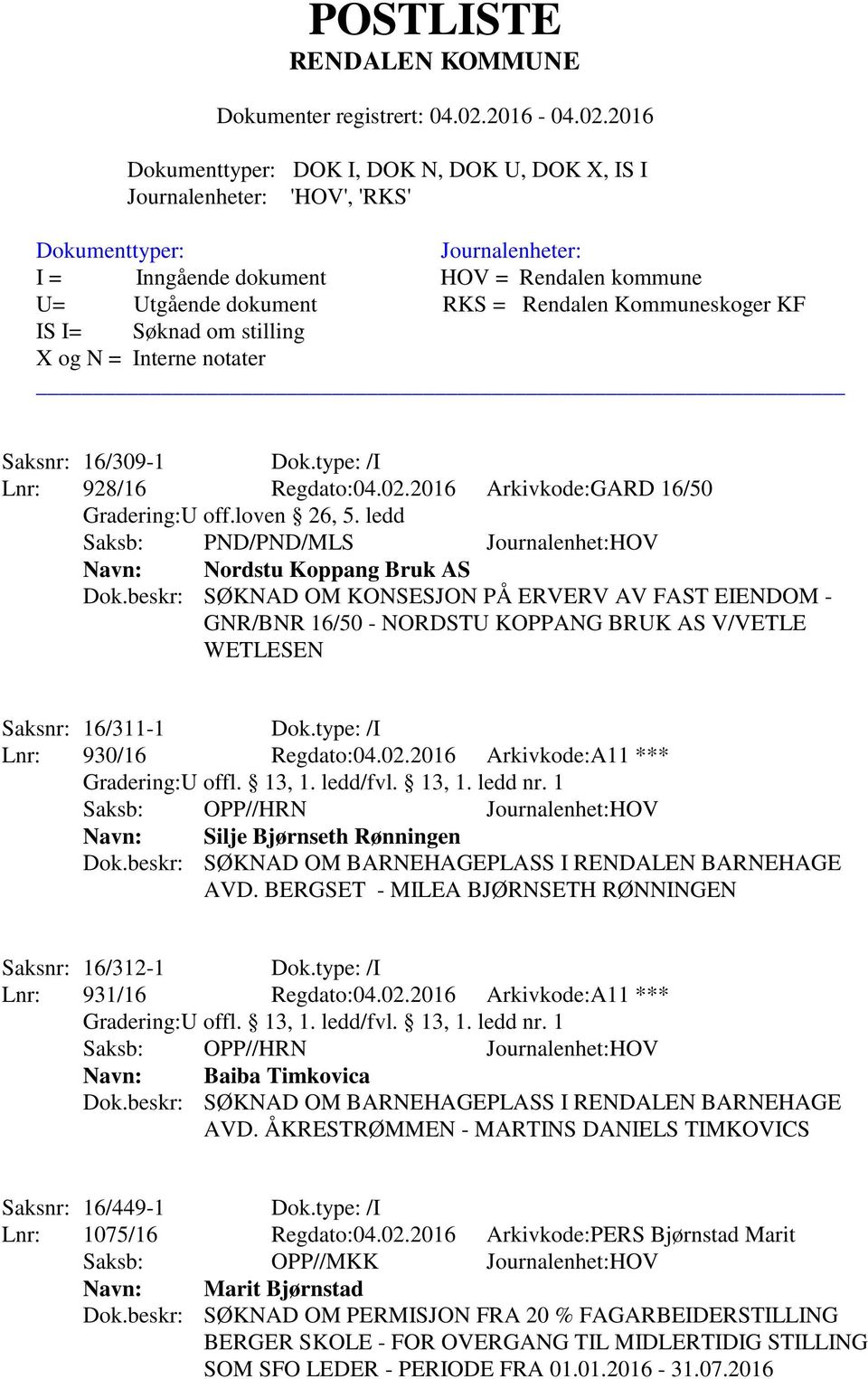 2016 Arkivkode:A11 *** Gradering:U offl. 13, 1. ledd/fvl. 13, 1. ledd nr. 1 Saksb: OPP//HRN Journalenhet:HOV Navn: Silje Bjørnseth Rønningen Dok.