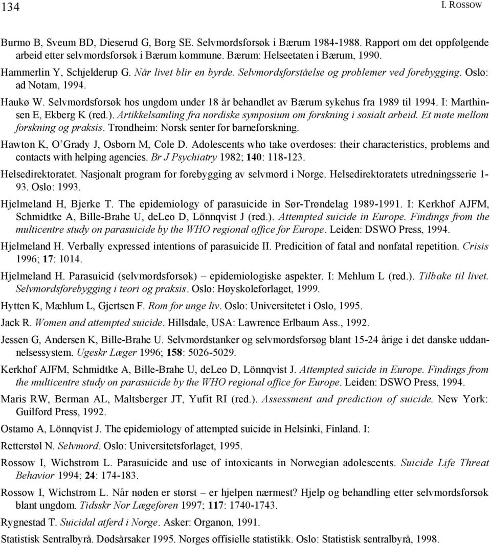 Selvmordsforsøk hos ungdom under 18 år behandlet av Bærum sykehus fra 1989 til 1994. I: Marthinsen E, Ekberg K (red.). Artikkelsamling fra nordiske symposium om forskning i sosialt arbeid.