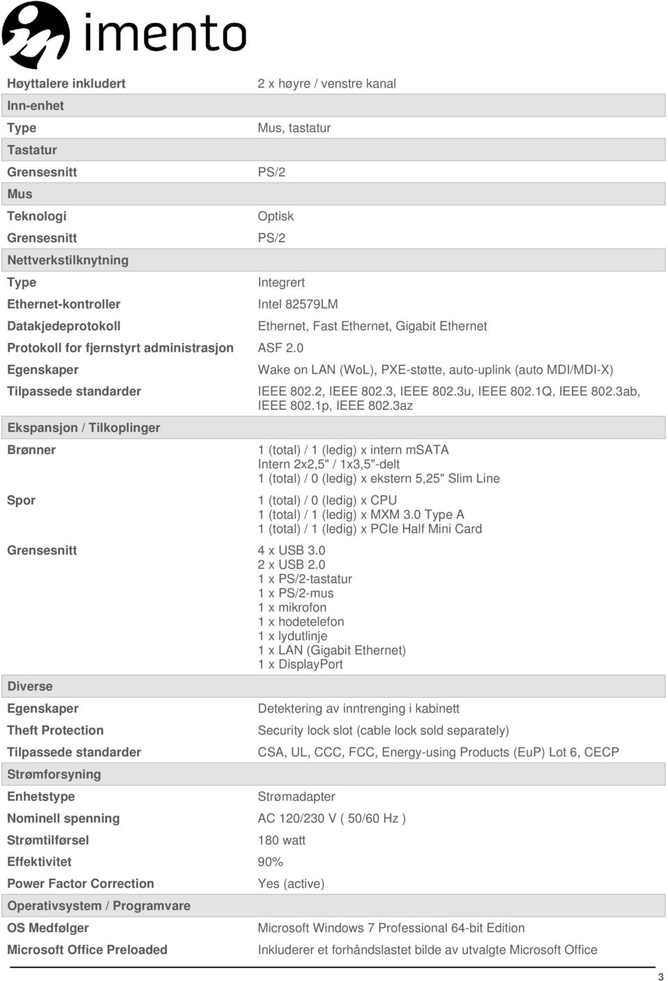 0 Egenskaper Tilpassede standarder Ekspansjon / Tilkoplinger Brønner Spor Ethernet, Fast Ethernet, Gigabit Ethernet Wake on LAN (WoL), PXE-støtte, auto-uplink (auto MDI/MDI-X) IEEE 802.2, IEEE 802.