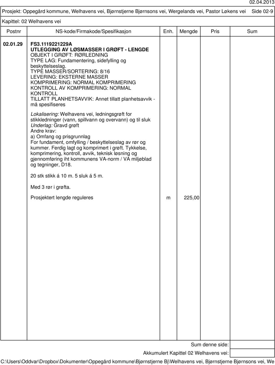 Lokalisering: Welhavens vei, ledningsgrøft for stikkledninger (vann, spillvann og overvann) og til sluk Underlag: Gravd grøft For fundament, omfylling / beskyttelseslag av rør og kummer.