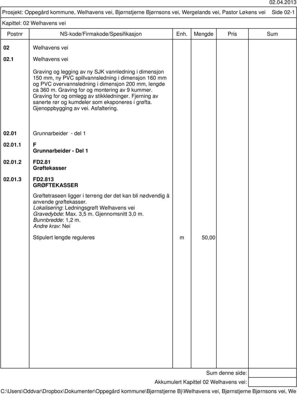 Graving for og montering av 9 kummer. Graving for og omlegg av stikkledninger. Fjerning av sanerte rør og kumdeler som eksponeres i grøfta. Gjenoppbygging av vei. Asfaltering.