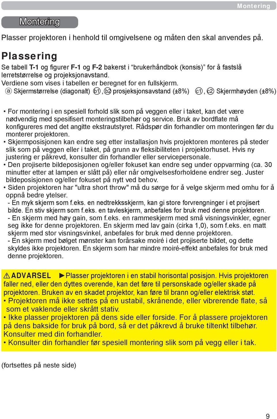 Skjermstørrelse (diagonalt) b1, b2 prosjeksjonsavstand (±8%) c1, c2 Skjermhøyden (±8%) For montering i en spesiell forhold slik som på veggen eller i taket, kan det være nødvendig med spesifisert