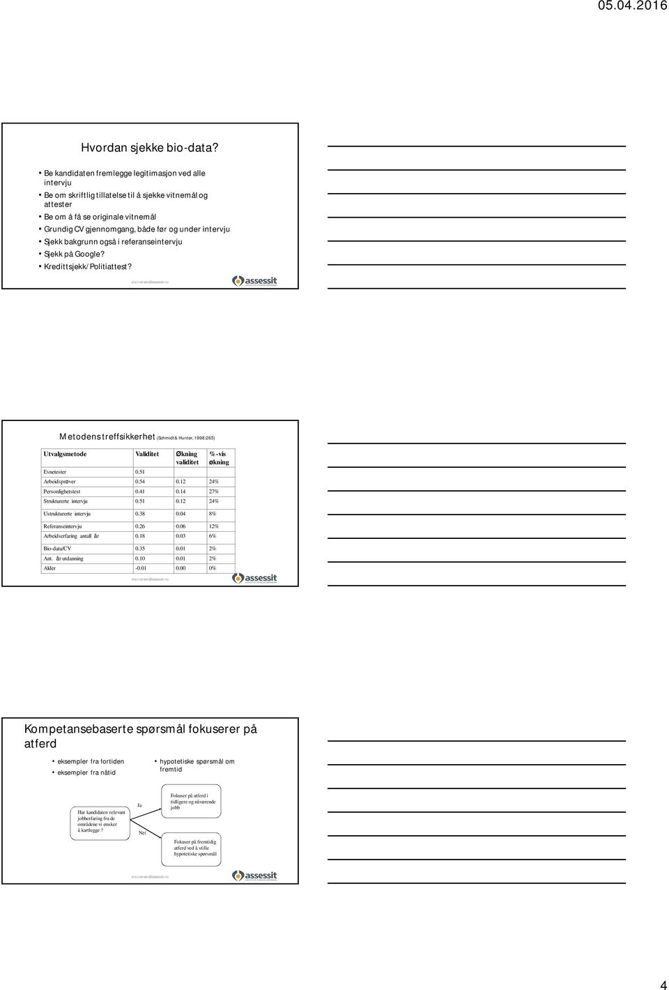 Sjekk bakgrunn også i referanseintervju Sjekk på Google? Kredittsjekk/Politiattest? Metodens treffsikkerhet (Schmidt& Hunter, 1998:265) Utvalgsmetode Validitet Økning validitet Evnetester 0.