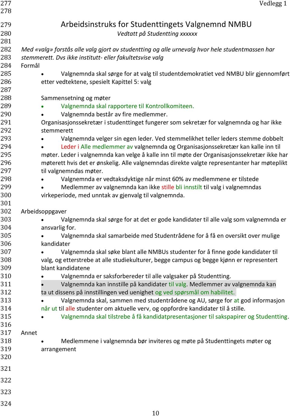 Dvs ikke institutt- eller fakultetsvise valg Formål Valgnemnda skal sørge for at valg til studentdemokratiet ved NMBU blir gjennomført etter vedtektene, spesielt Kapittel 5: valg Sammensetning og