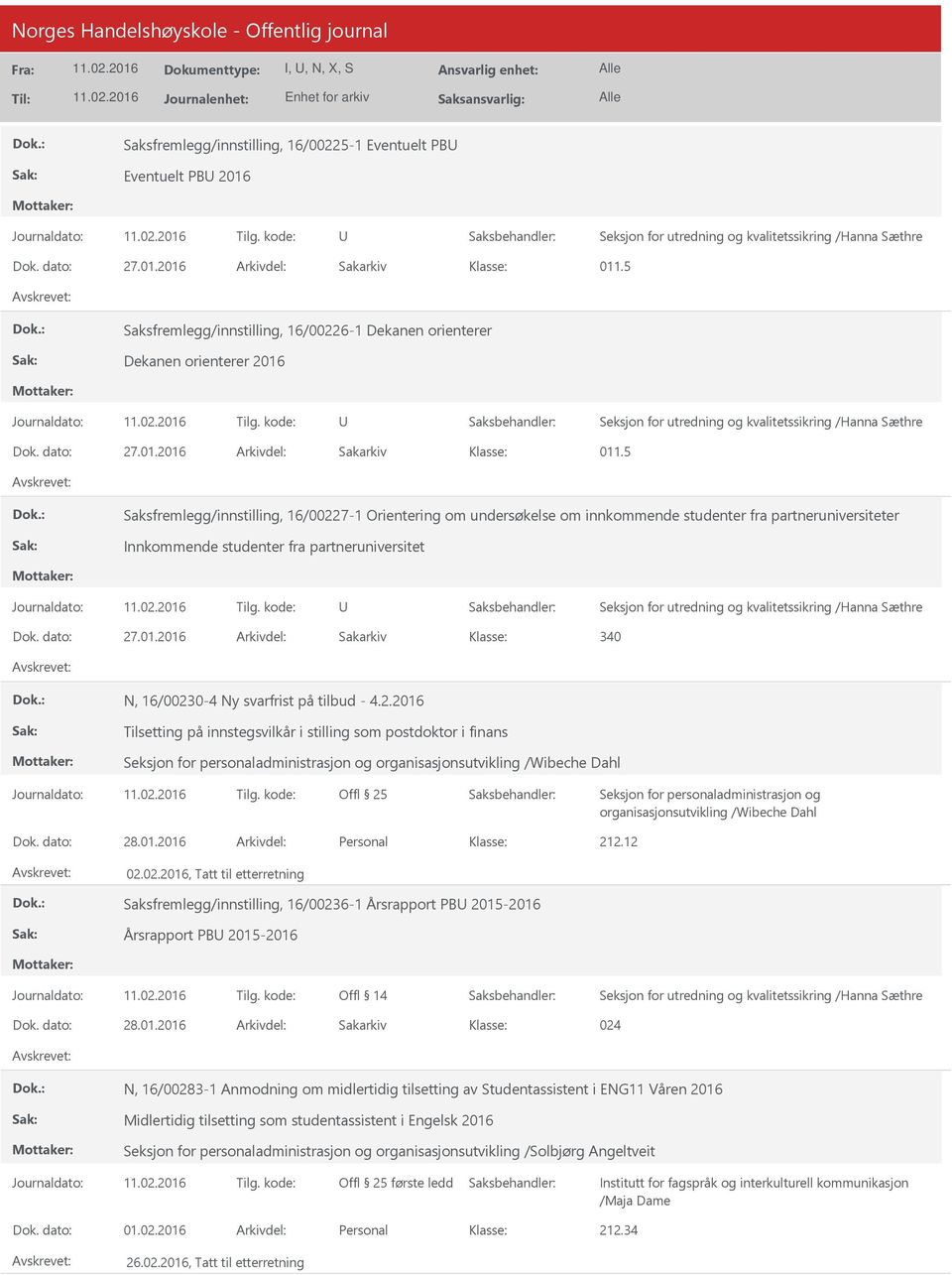 tilbud - 4.2.2016 Tilsetting på innstegsvilkår i stilling som postdoktor i finans organisasjonsutvikling /Wibeche Dahl Offl 25 organisasjonsutvikling /Wibeche Dahl Dok. dato: 28.01.2016 Arkivdel: Personal 212.