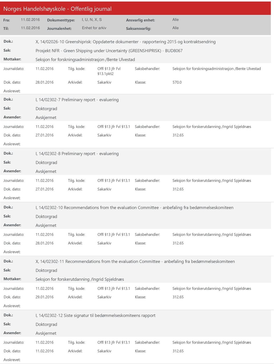 0 I, 14/02302-7 Preliminary report - evaluering I, 14/02302-8 Preliminary report - evaluering I, 14/02302-10 Recommendations from the evaluation Committee - anbefaling fra bedømmelseskomiteen Dok.