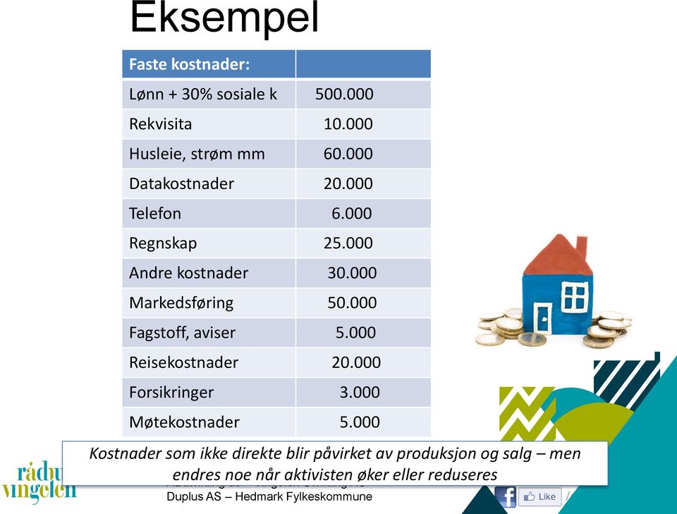 000 Fagstoff, aviser 5.000 Reisekostnader 20.000 Forsikringer 3.000 Møtekostnader 5.