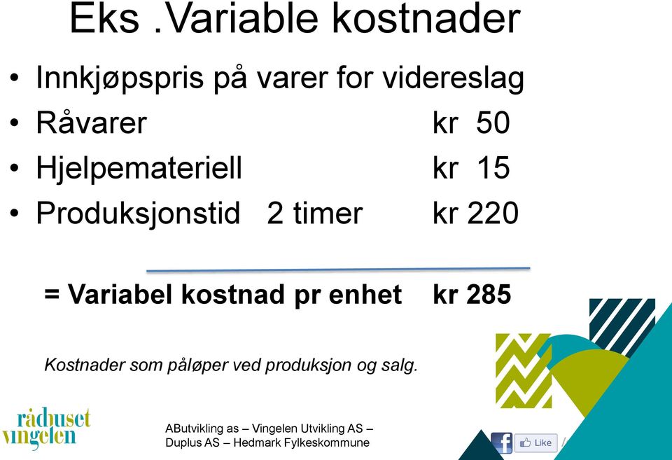 Produksjonstid 2 timer kr 220 = Variabel kostnad pr