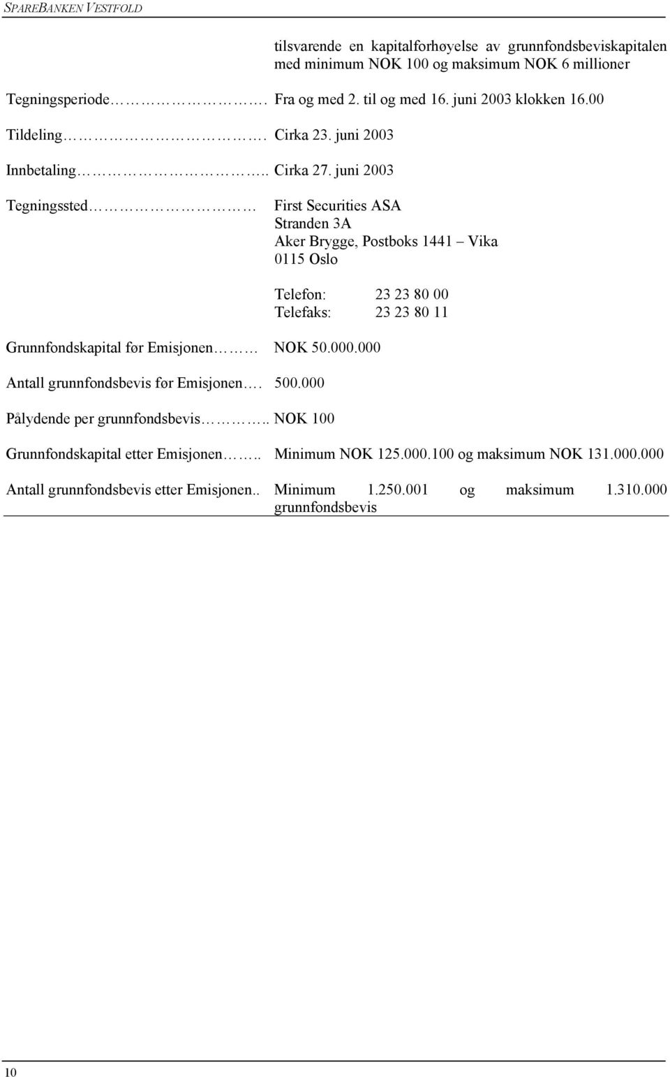 juni 2003 Tegningssted First Securities ASA Stranden 3A Aker Brygge, Postboks 1441 Vika 0115 Oslo Telefon: 23 23 80 00 Telefaks: 23 23 80 11 Grunnfondskapital før Emisjonen