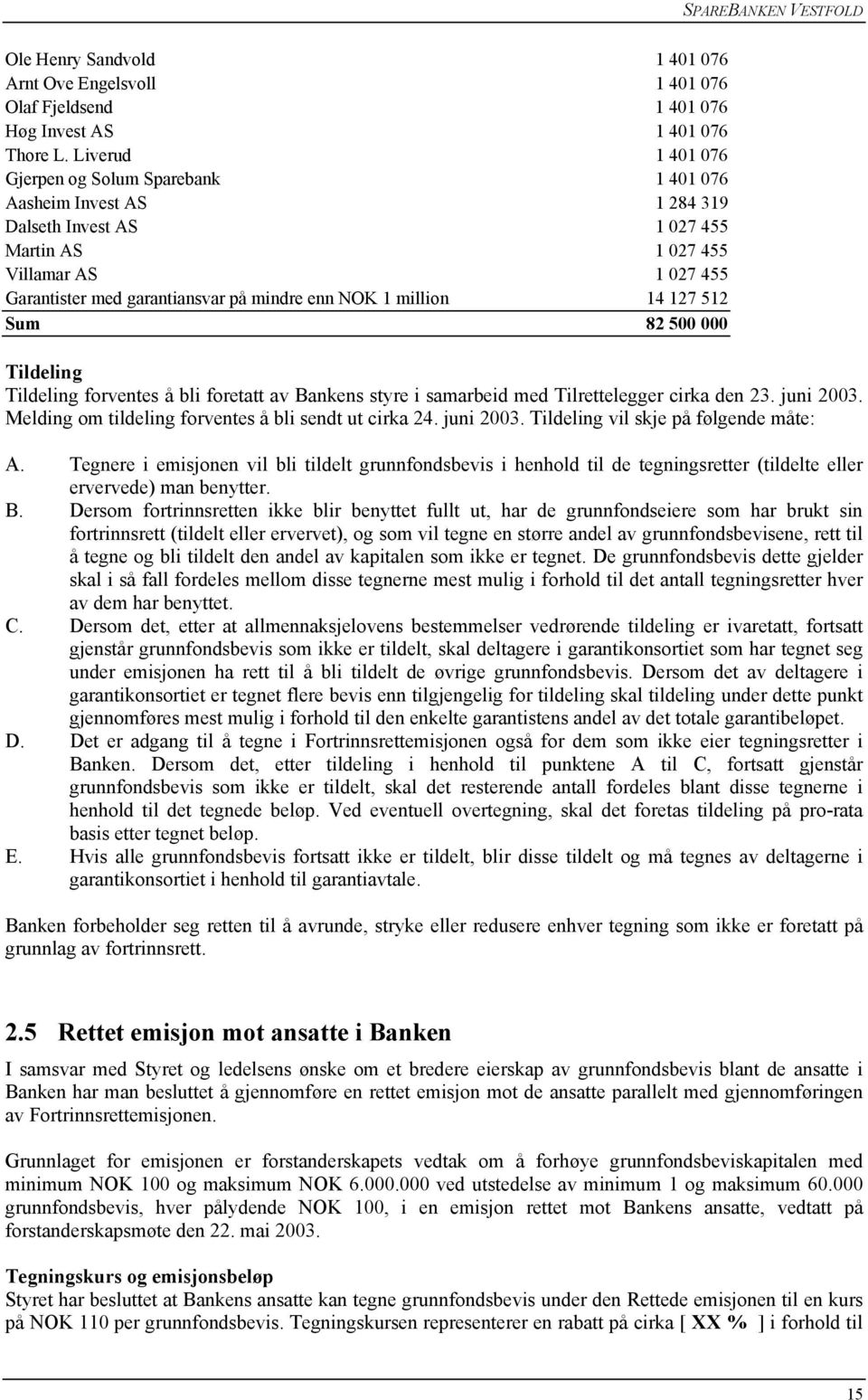 NOK 1 million 14 127 512 Sum 82 500 000 Tildeling Tildeling forventes å bli foretatt av Bankens styre i samarbeid med Tilrettelegger cirka den 23. juni 2003.