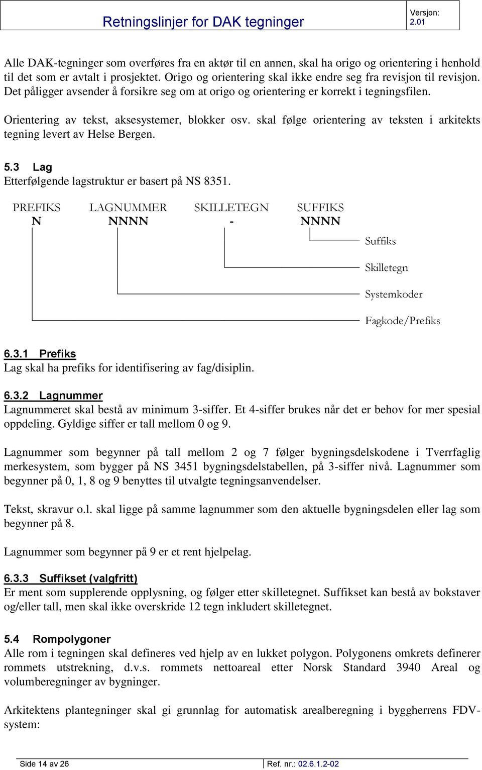 Orientering av tekst, aksesystemer, blokker osv. skal følge orientering av teksten i arkitekts tegning levert av Helse Bergen. 5.3 Lag Etterfølgende lagstruktur er basert på NS 8351.