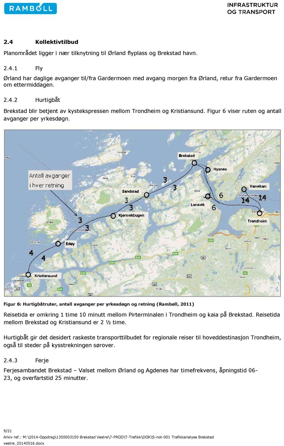 Figur 6 : Hu rtigbåtruter, antall avganger per yrkesdøgn og retning (Rambøll, 2011) Reisetida er omkring 1 time 10 minutt mellom Pirterminalen mellom Brekstad og Kristiansund er 2 ½ time.