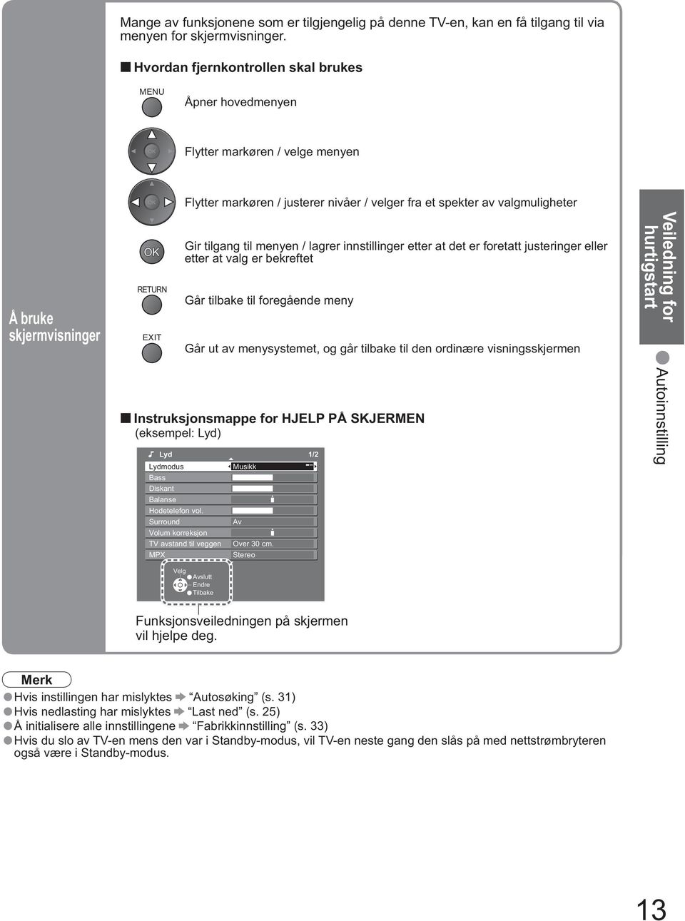 tilgang til menyen / lagrer innstillinger etter at det er foretatt justeringer eller etter at valg er bekreftet Går tilbake til foregående meny Går ut av menysystemet, og går tilbake til den ordinære