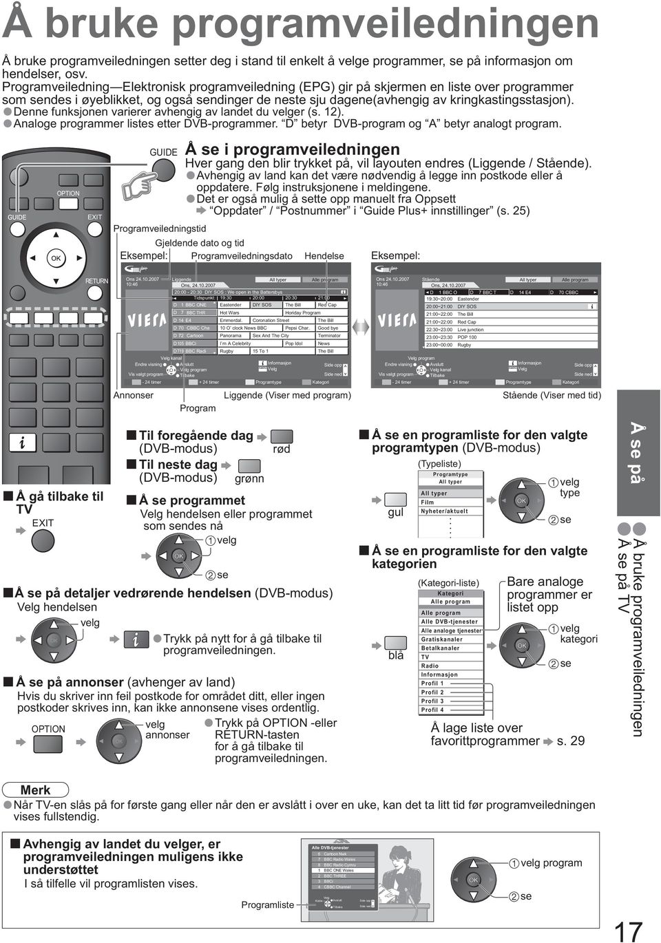 Denne funksjonen varierer avhengig av landet du er (s. 12). Analoge programmer listes etter DVB-programmer. D betyr DVB-program og A betyr analogt program.