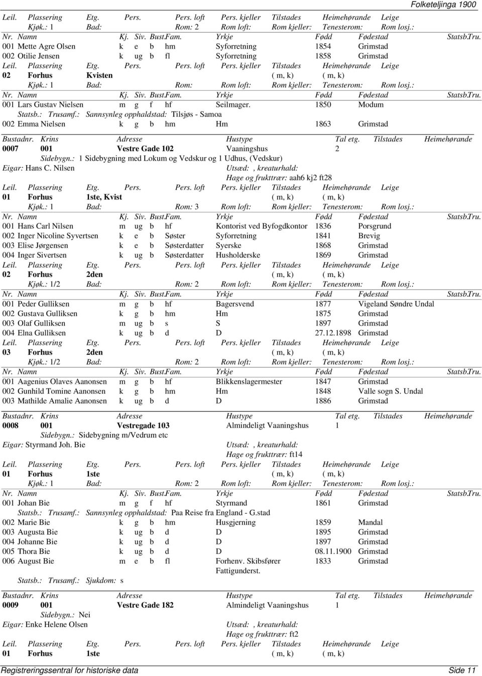 : Sannsynleg opphaldstad: Tilsjøs - Samoa 002 Emma Nielsen k g b hm Hm 1863 Grimstad 0007 001 Vestre Gade 102 2 Sidebygn.: 1 Sidebygning med Lokum og Vedskur og 1 Udhus, (Vedskur) Eigar: Hans C.