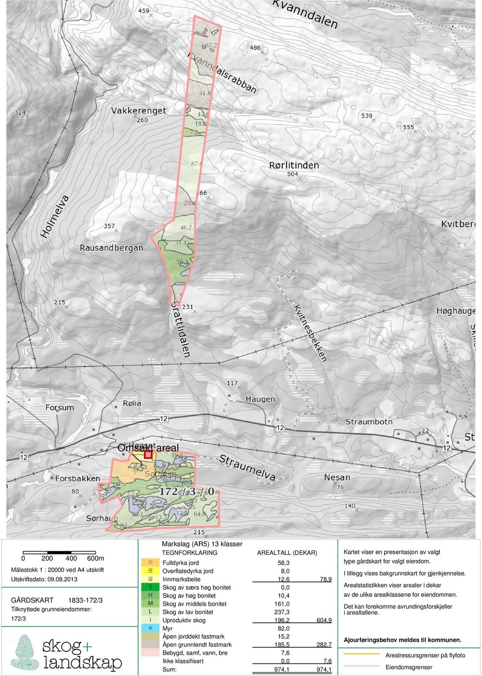 jord 8,0 6 Innmarksbeite 12,6 78,9 S Skog av særs høg bonitet 0,0 H Skog av høg bonitet 10,4 M Skog av middels bonitet 161,0 L Skog av lav bonitet 237,3 i Uproduktiv skog 196,2 604,9 1 Myr 82,0 Åpen