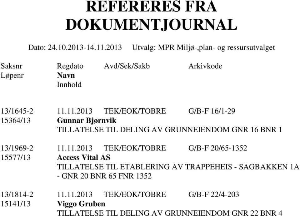 11.2013 TEK/EOK/TOBRE G/B-F 16/1-29 15364/13 Gunnar Bjørnvik TILLATELSE TIL DELING AV GRUNNEIENDOM GNR 16 BNR 1 13/1969-2 11.11.2013