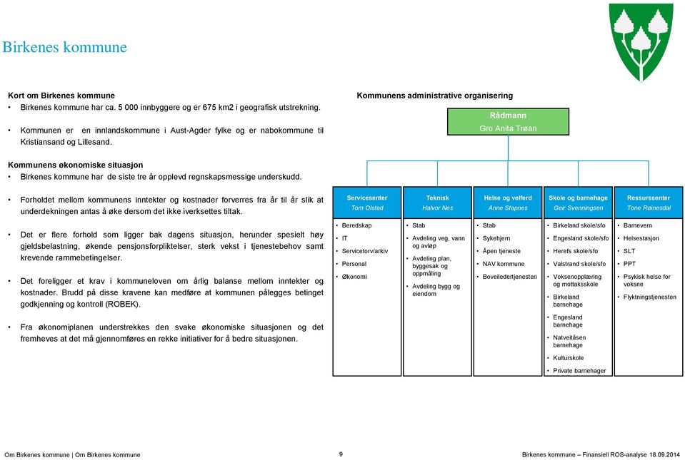 Kommunens administrative organisering Rådmann Gro Anita Trøan Kommunens økonomiske situasjon Birkenes kommune har de siste tre år opplevd regnskapsmessige underskudd.