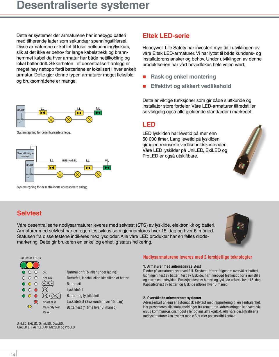Sikkerheten i et desentralisert anlegg er meget høy nettopp fordi batteriene er lokalisert i hver enkelt armatur. Dette gjør denne typen armaturer meget fleksible og bruksområdene er mange.