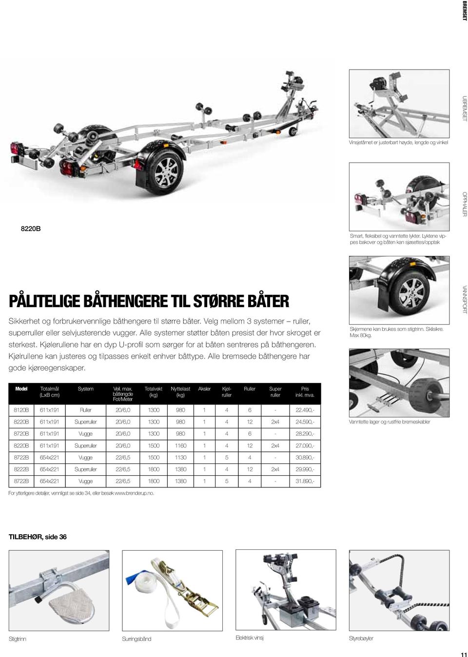 Kjølrullene kan justeres og tilpasses enkelt enhver båttype. Alle bremsede båthengere har gode kjøreegenskaper. Vinsjetårnet er justerbart høyde, lengde og vinkel Smart, fleksibel og vanntette lykter.
