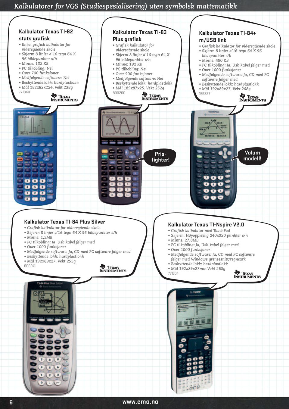 Vekt 238g 771840 Kalkulator Texas TI-83 Plus grafisk Grafisk kalkulator for videregående skole Skjerm 8 linjer a`16 tegn 64 X 96 bildepunkter s/h Minne: 192 KB PC tilkobling: Nei Over 900 funksjoner