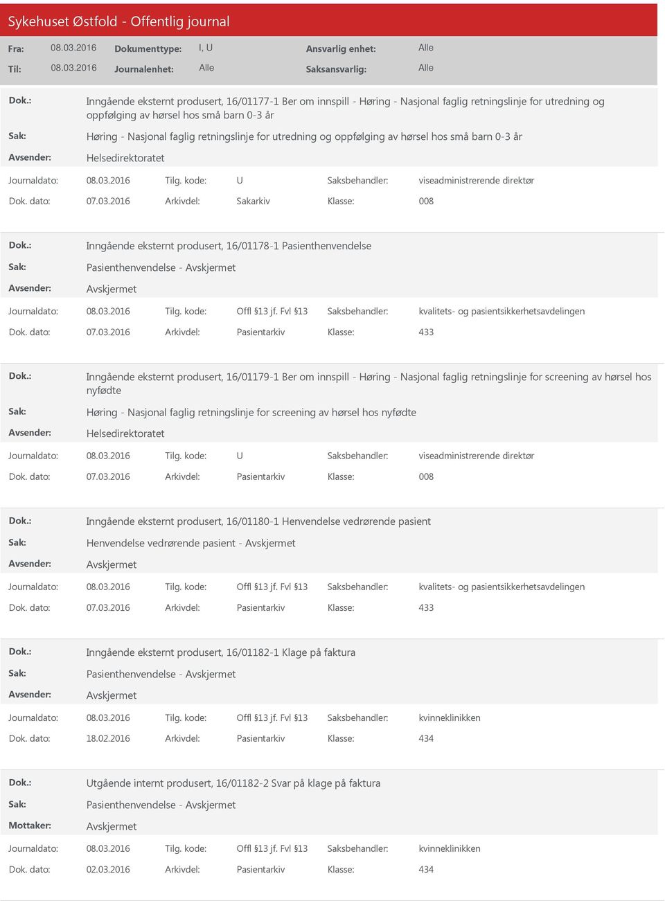 2016 Arkivdel: Sakarkiv 008 Inngående eksternt produsert, 16/01178-1 Pasienthenvendelse Pasienthenvendelse - kvalitets- og pasientsikkerhetsavdelingen Dok. dato: 07.03.