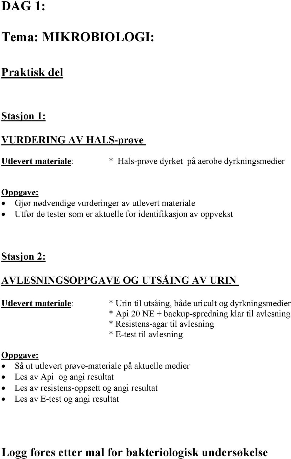 til utsåing, både uricult og dyrkningsmedier * Api 20 NE + backup-spredning klar til avlesning * Resistens-agar til avlesning * E-test til avlesning Oppgave: Så ut utlevert