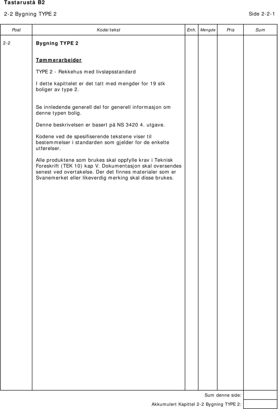 Se innledende generell del for generell informasjon om denne typen bolig. Denne beskrivelsen er basert på NS 3420 4. utgave.