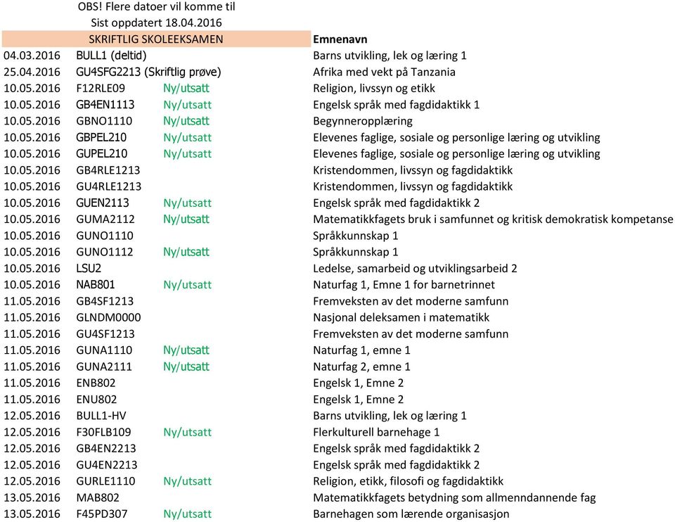 05.2016 GUPEL210 Ny/utsatt Elevenes faglige, sosiale og personlige læring og utvikling 10.05.2016 GB4RLE1213 Kristendommen, livssyn og fagdidaktikk 10.05.2016 GU4RLE1213 Kristendommen, livssyn og fagdidaktikk 10.